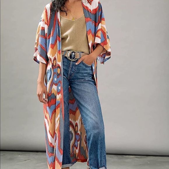 Multicolor Open Longline Three Quarter Sleeve Kimono Duster - Picture 11 of 15
